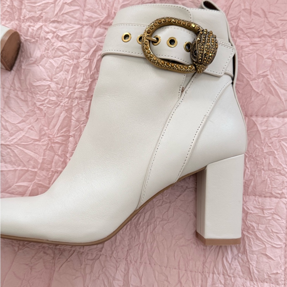 Kurt Geiger Cream Ankle Boots Gold Snake Buckle Block Heel